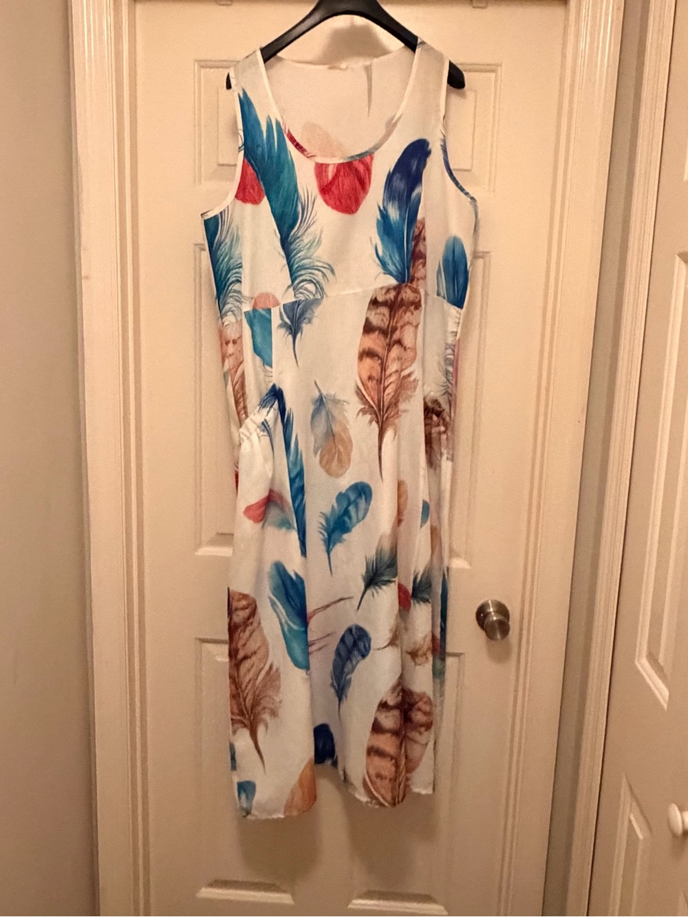 Womens Feather-Print Sleeveless Dress - Blue & Multi with pockets
